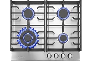 Weceleh Gas Cooktop 4 burner, 24 Inch Built in Gas Stove Top, Dual Fuel Propane Cooktops, NG/LPG Convertible, Stainless Steel High Power Gas Hob, Thermocouple Protection, Gas Range, Sliver