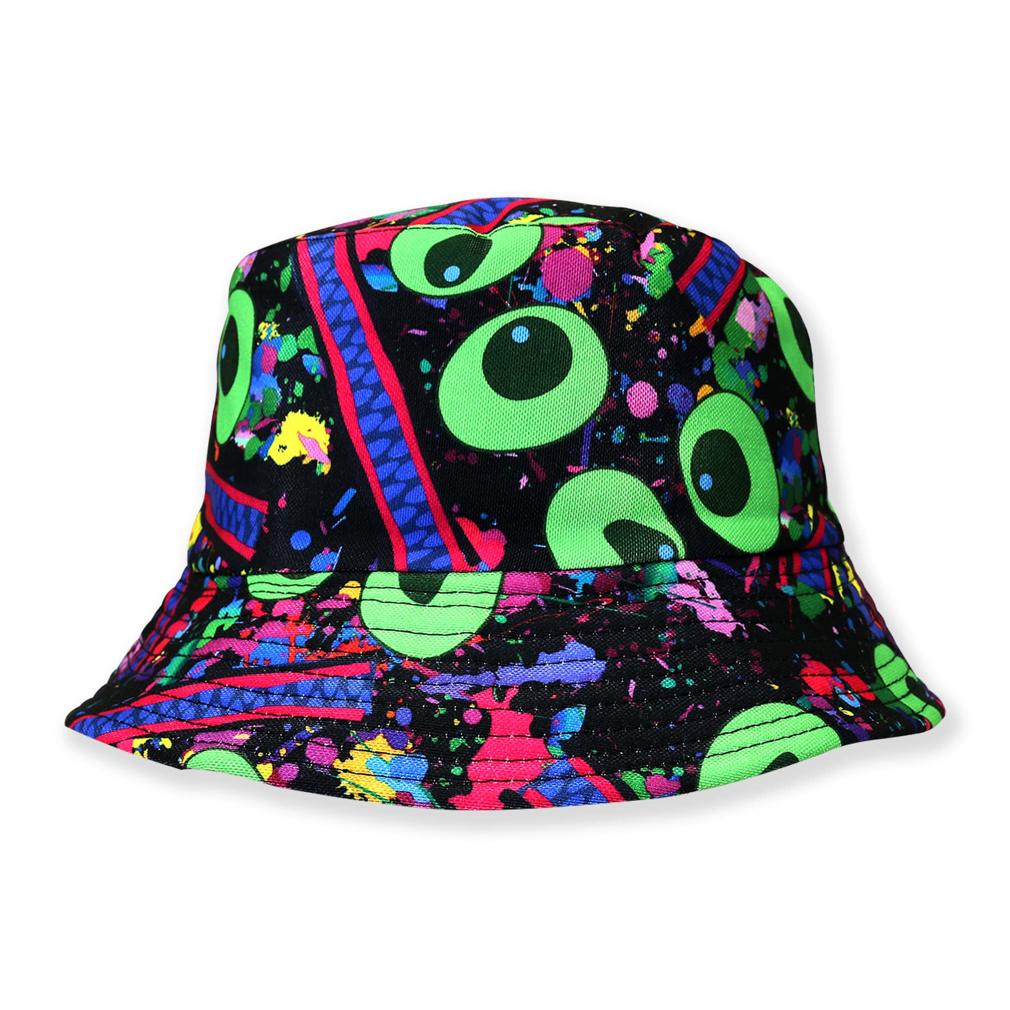 Robelli Unisex Reversible Summer Bucket Hat - Fun Festival Colourful Designs (BH5 BLACK/MULTI 80S RAVE PAINT) — image 1