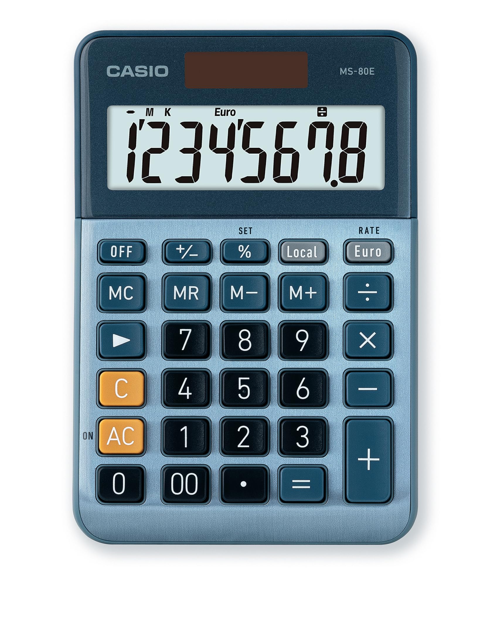 Casio Desktop Calculator MS-80E 8-Digit Currency Conversion Aluminium Front Quick Correction Button Solar/Battery Operated