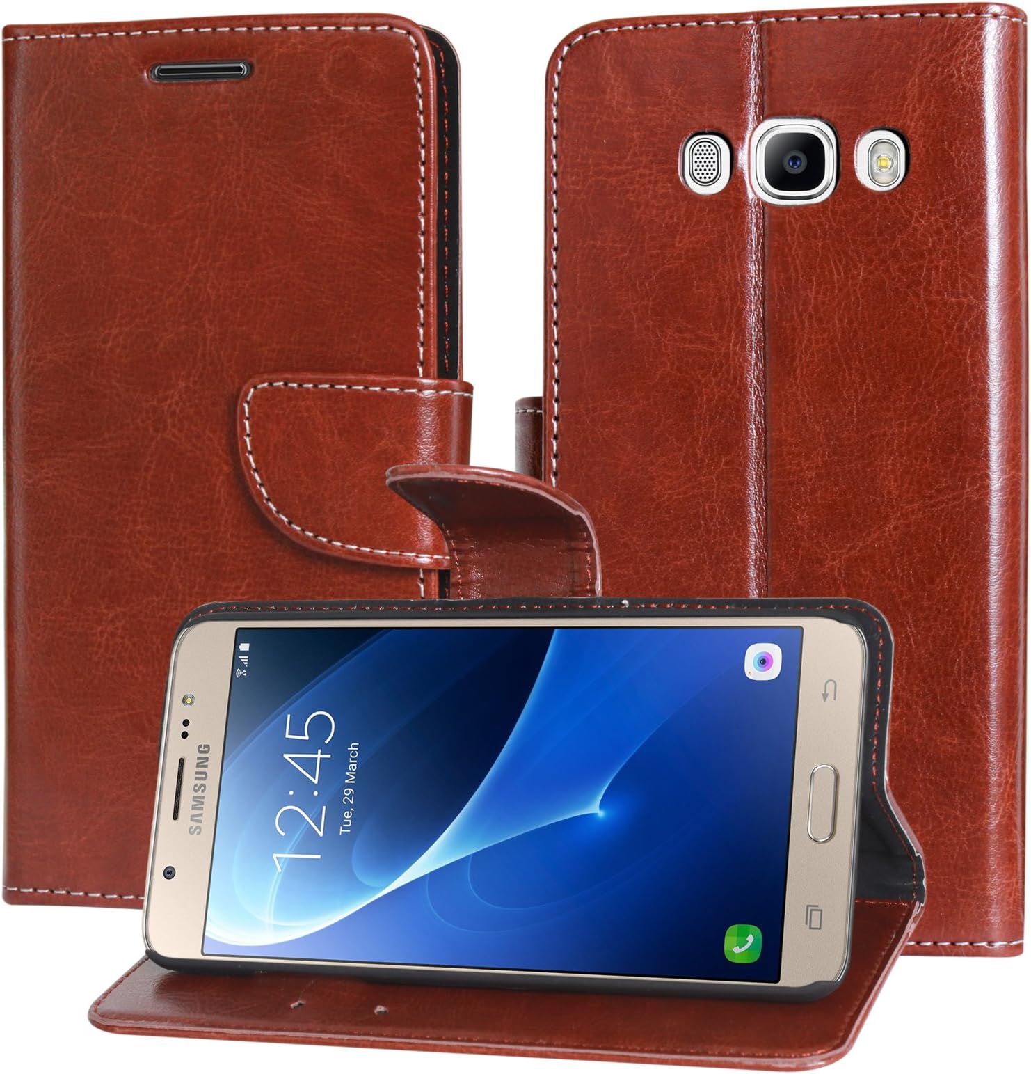 DMG Sturdy PU Leather Wallet Flip Book Cover Case for Samsung Galaxy J7 (2016) (Brown)