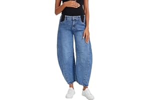OVRUNS Women's Maternity Baggy Jeans Stretch Barrel Jeans Side Panel Loose Pregnancy Denim Pants with Pockets