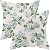 Jecuwo Spring Hydrangea Flowers Pillow Covers 18x18 Inch Set of 2, Blue Retro Floral Pattern Outdoor Decorative Throw Pillowcase Nature Floral Cushion Cover for Sofa Couch Living Room Bed Decor