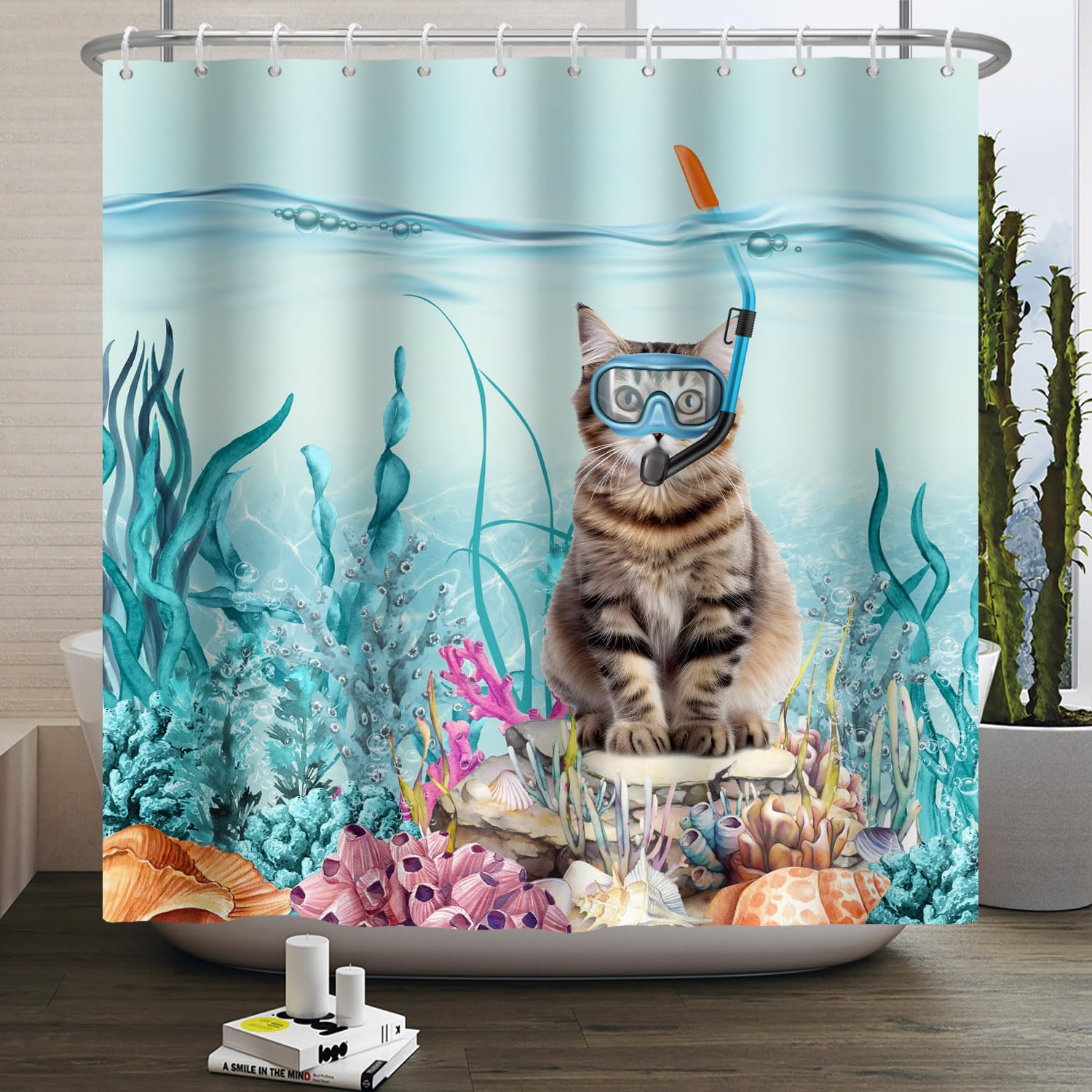SDOTPMT 180x180cm Funny Cat Shower Curtain Cute Kitten Diving in Teal Blue Ocean Sea Coral Marine Alga Bathroom Curtain Waterproof Fabric Polyester Bathroom Home Decor with Hooks