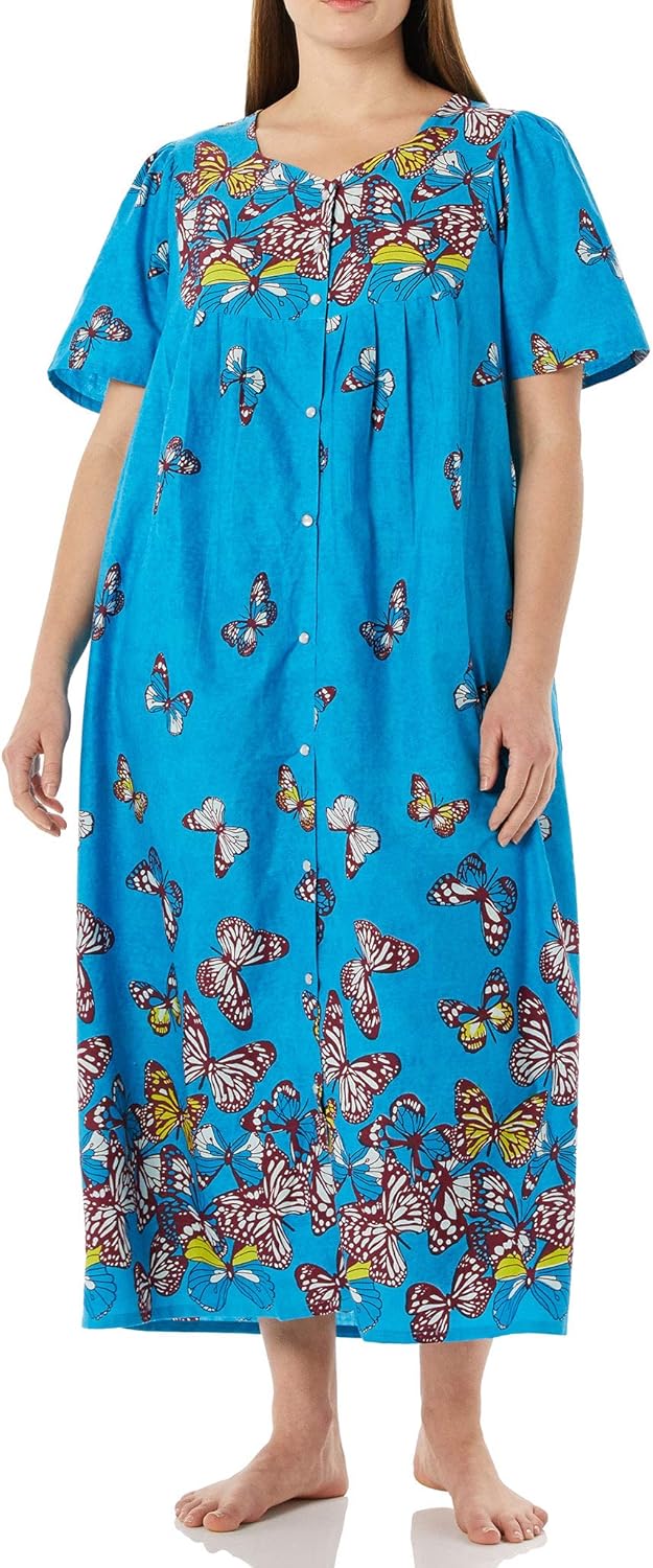 AmeriMark Women’s Long House Dress with Pockets Short Sleeve Patio Dress Blue