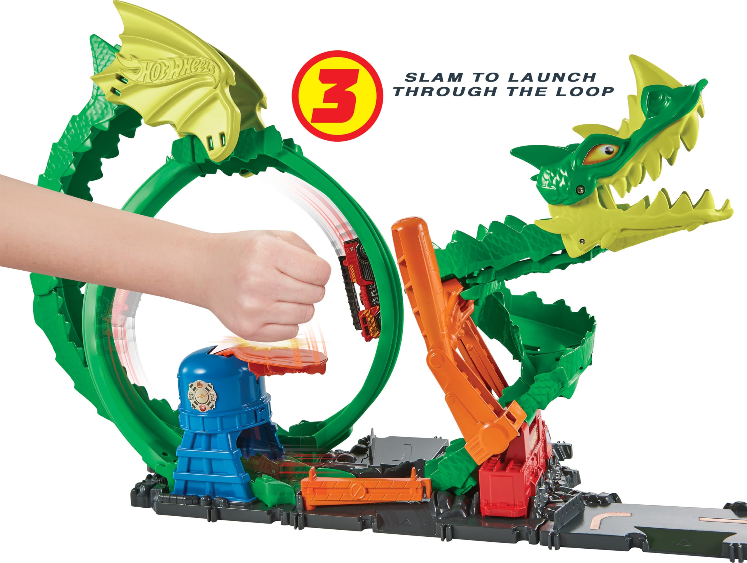 Hot Wheels Track Set with 1:64 Scale Toy Firetruck, City Fire Station with Dragon Nemesis and Track Play, Dragon Drive Firefight