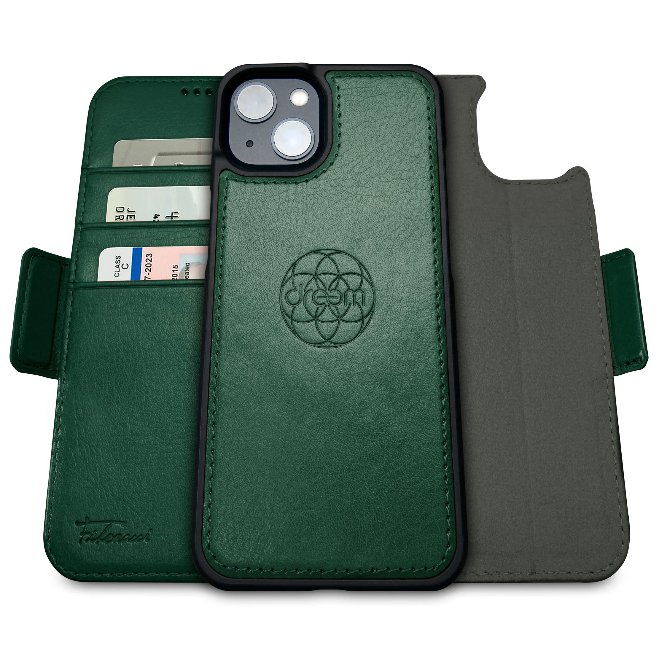 dreem 3-in-1 Wallet Case for iPhone 14/16e/17e | Built-In Kick-Stand, Magnetic Detachable Vegan Leather Flip Cover with RFID Blocking Card Holder, MagSafe Compatible, Gift Box [Fibonacci: Green] — image 1