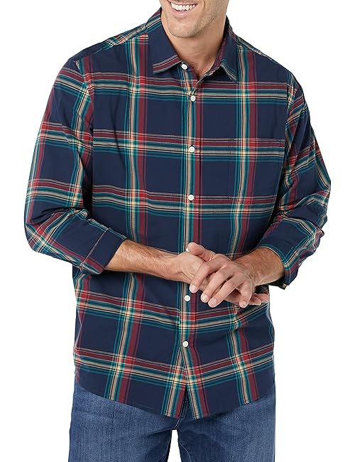 Amazon Essentials Men's Long-Sleeve Regular-Fit Stretch Poplin Shirt, Navy Red Teal Blue Plaid, Large