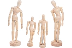 WANDIC 4 Pcs Wooden Artist Drawing Articulated Manikin Blockhead, Flexible Wooden Doll Human Figure Puppet Model for Sketch Charcoal Home Office Desk Decoration Gift