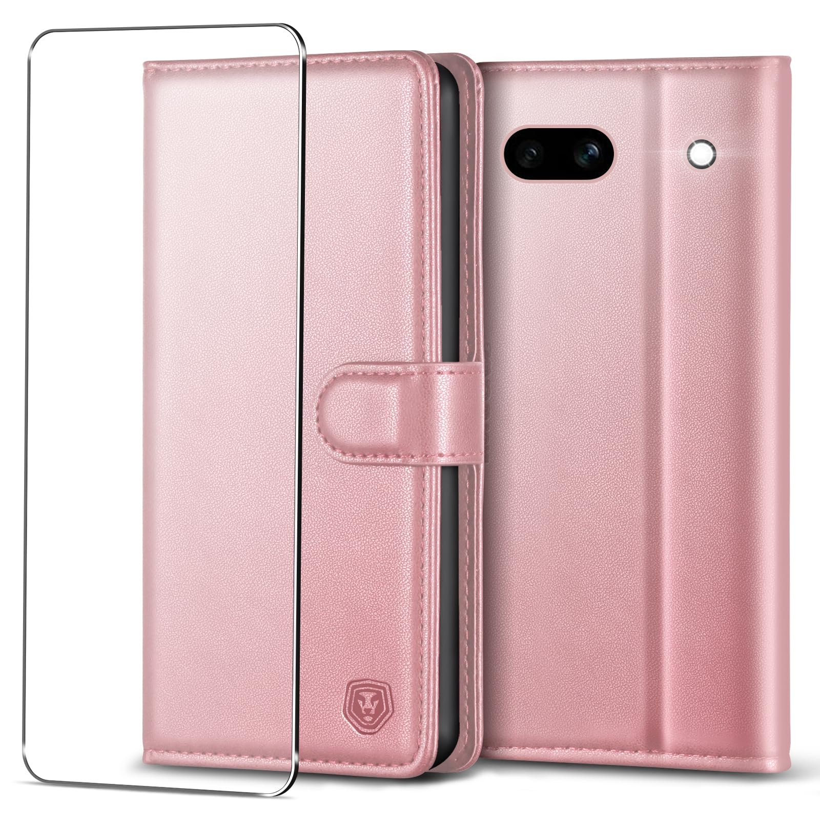 Kuafcase for Google Pixel 7a Case with 1 Screen Protector, 4 Card Slots Magnetic Closure Kickstand Shockproof Phone Case for Google Pixel 7a - Rose Gold — image 1