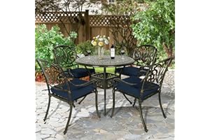 W WARMHOL 5-Piece Outdoor Patio Dining Set, All-Weather Cast Aluminum Patio Furniture Set for Backyard Garden Deck with 4 Chairs, 4 Cushions and 35.4" Round Table, 2" Umbrella Hole, Navy