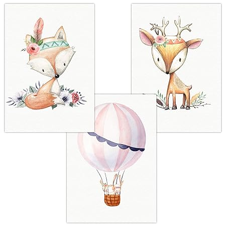 Wandbilder 3er Set für Baby & Kinderzimmer Deko Poster Bilder | Kunstdruck DIN A4 ohne Rahmen und Dekoration (Cute Boho'Reh H