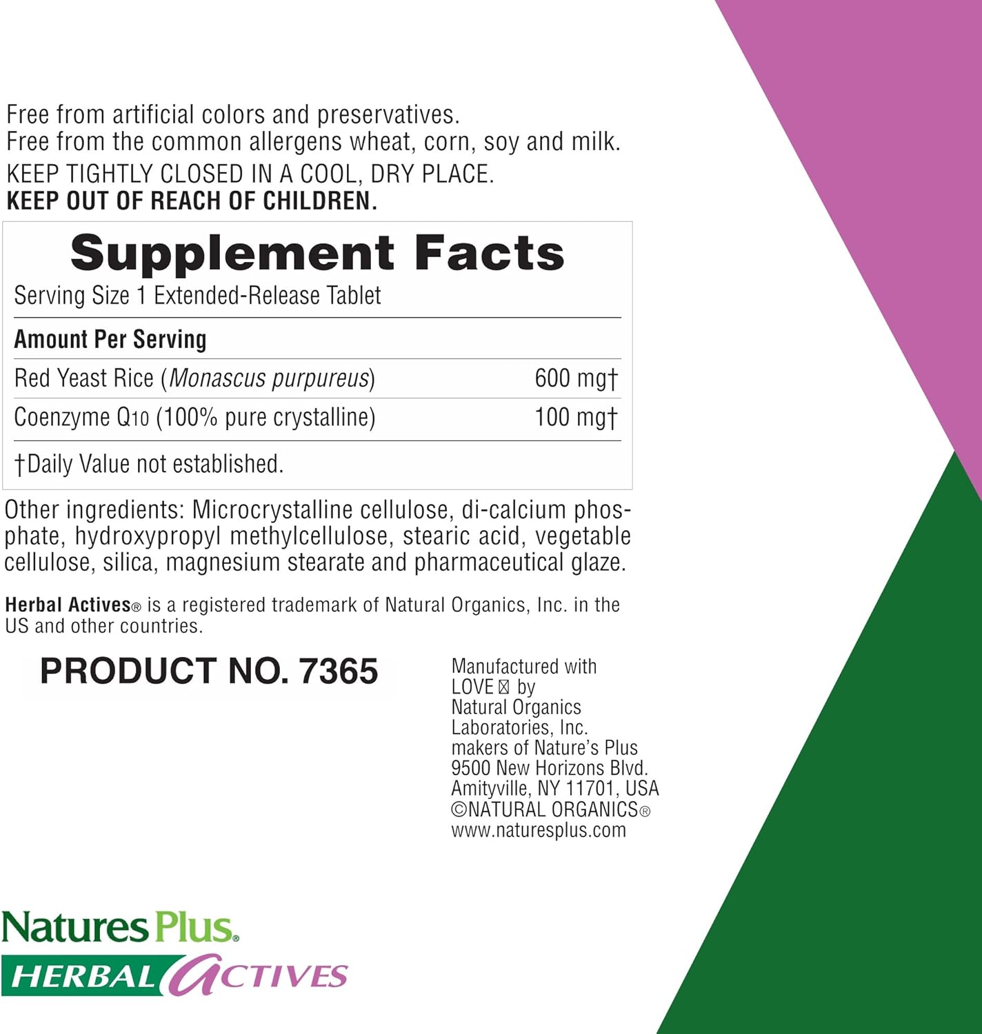 NaturesPlus Herbal Actives Red Yeast Rice 600mg & CoQ10 100mg, Extended Release - 30 Vegan Tablets - Maximum Potency Supplement, Antioxidant - Vegetarian, Gluten-Free - 30 Servings: Health & Personal Care