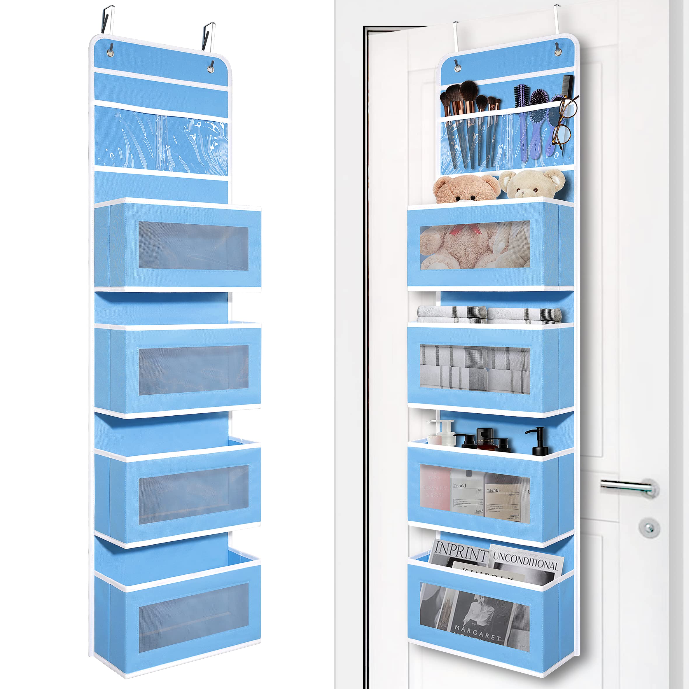 Heavy Duty Over Door Organizer, Wall Mount Hanging Organizer Storage with 4 Large Capacity Pockets, Closet Bathroom Nursery Bedroom Dorm, Toys Cosmetics Sundries and Baby Essentials, Blue
