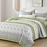 WONGS BEDDING Boho Quilt Set Queen Size,Olive Green Bohemian Striped Patchwork Bedspread Coverlet Set,3 Pieces Microfiber Bedding Set for All Seasons (96"x90")