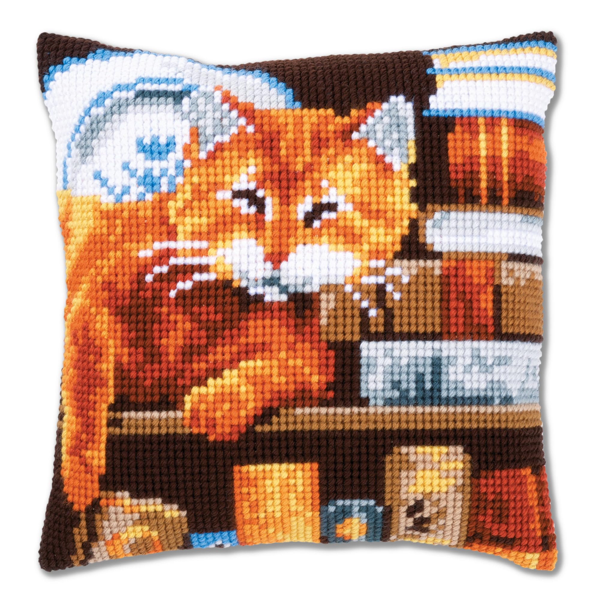 Vervaco Cross Stitch Cushion Cat and Books, Cotton Blend, Assorted, 31 x 6.5 x 37 cm