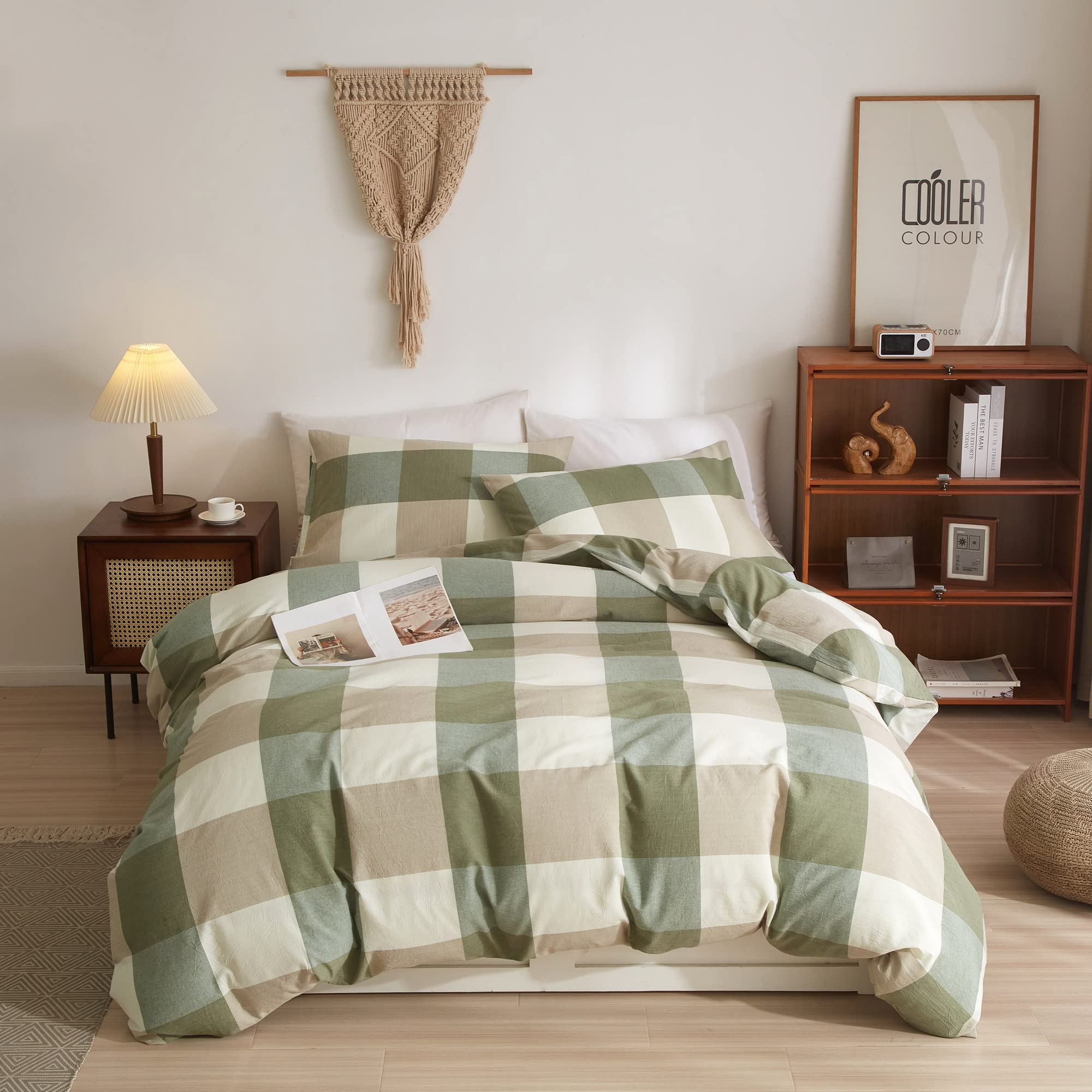 Bobode King Green Plaid Duvet Cover Washed Cotton Grid Duvet Cover Modern Buffalo Plaid Bedding Set with Zipper Closure & Corner Ties,Easy-Care,Soft-No Comforter Insert
