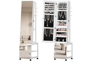 Hzuaneri Jewelry Organizer Cabinet with Light, Mirror Full Length Jewelry Chest Armoire Standing with Rack, Lockable Jeweller