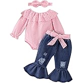 FOCUTEBB Baby Girl Clothes Lace Off Shoulder Romper Flare Jeans Pants Headband and Belt 4pcs Outfit 3-24 Months