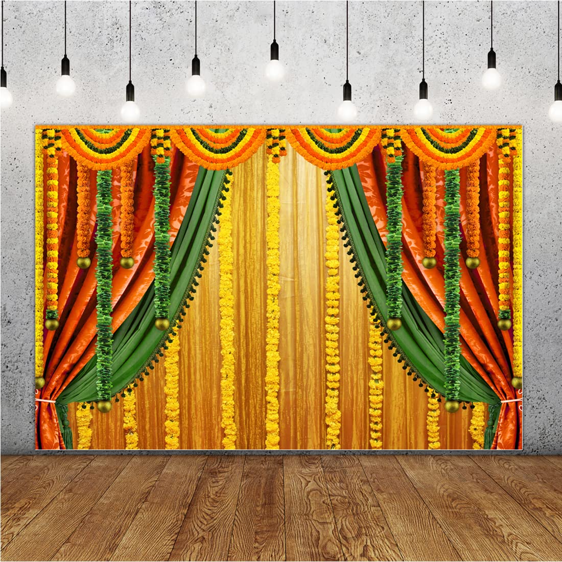 Photo 1 of Lofaris India Pooja Photography Backdrop Puja Ganpati Pooja Traditional Mehndi Festival Background Diwali Decorations Wedding Party Marigold Garlands Photo Props 5x3ft