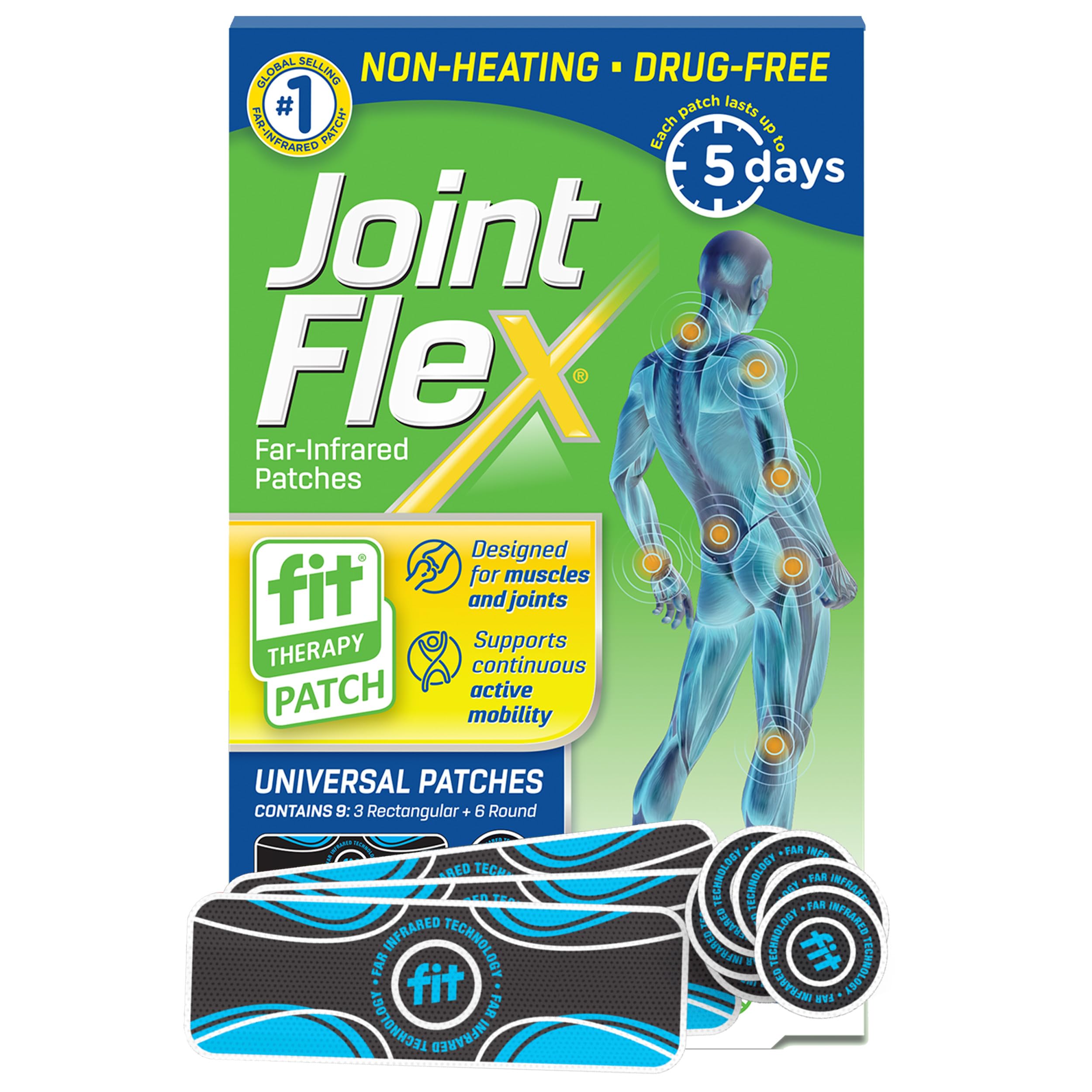 Photo 1 of JointFlex FIT Therapy Far Infrared Universal Patch, Supports Continuous Active Mobility for Muscles & Joints, up to 5 Days/Patch, Water Resistant, Non-Heating, Drug-Free, 9-ct, 3 Rectangular/6 Round