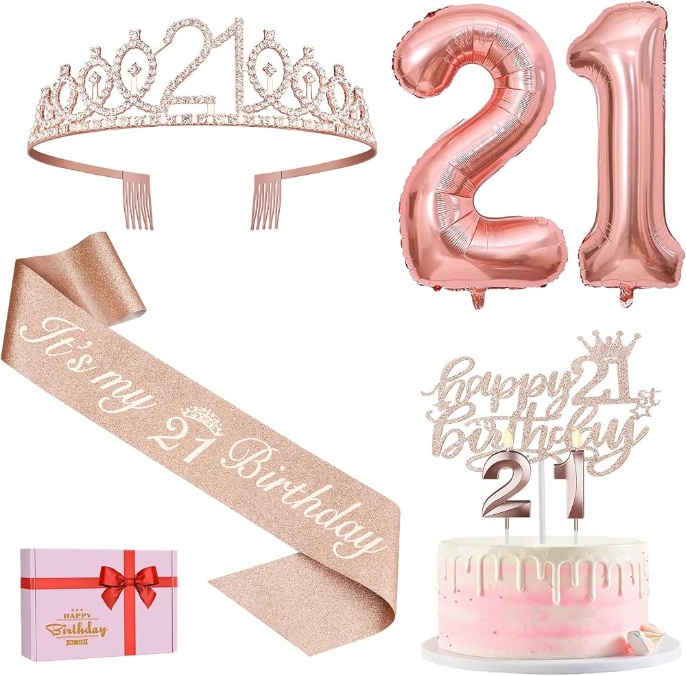 Amosking 21st Birthday Decorations for Her Sash Crown Cake Topper Balloons Kit