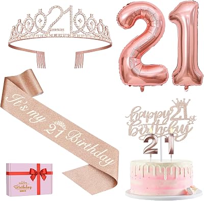 Amosking 21st Birthday Decorations for Her Sash Crown Cake Topper Balloons Kit