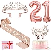 21st Birthday Decorations for Her, Include 21st Birthday Sash and Tiara, Cake Topper and Candles, Number Balloons, 21 Year Old Gifts for Her