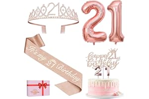 YEOHJOY 21st Birthday Decorations for Her, Include 21st Birthday Sash and Tiara, Cake Topper and Candles, Number Balloons, 21 Year Old Gifts for Her