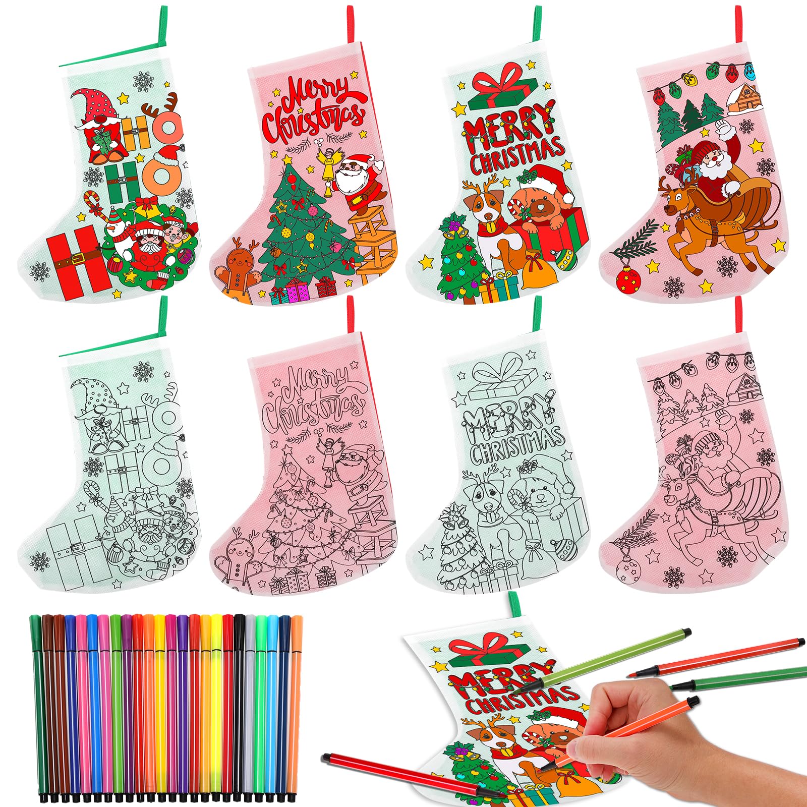 DPKOW Christmas Stockings Gift Bags Graffiti Non Woven 4 Party Bags Fill with 24 Pens Christmas Tree Hanging Decoration DIY Gifts