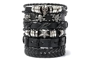 EVRBLOCK Emo Bracelets – 6 Pcs Black Skull Emo Jewelry – Durable Leather Grunge Bracelets, Adjustable 7"-11" & Comfortable Fit for Daily Use, Themed Events and Parties | Christmas Accessories for Men & Women