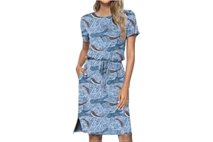 PBNBP Women's Summer Blouson Dresses with Pockets Work Casual Short Sleeve Split Hem Sundresses Hide Belly T Shirt Dress