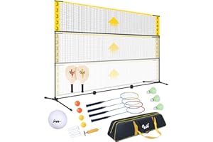 VSSAL 3-in-1 Portable Badminton, Volleyball & Pickleball Net Set, Adjustable Height 34"–10 ft for Backyards or Beach, Outdoor Sports Combo with Carry Bag, Rackets, Paddles & Balls