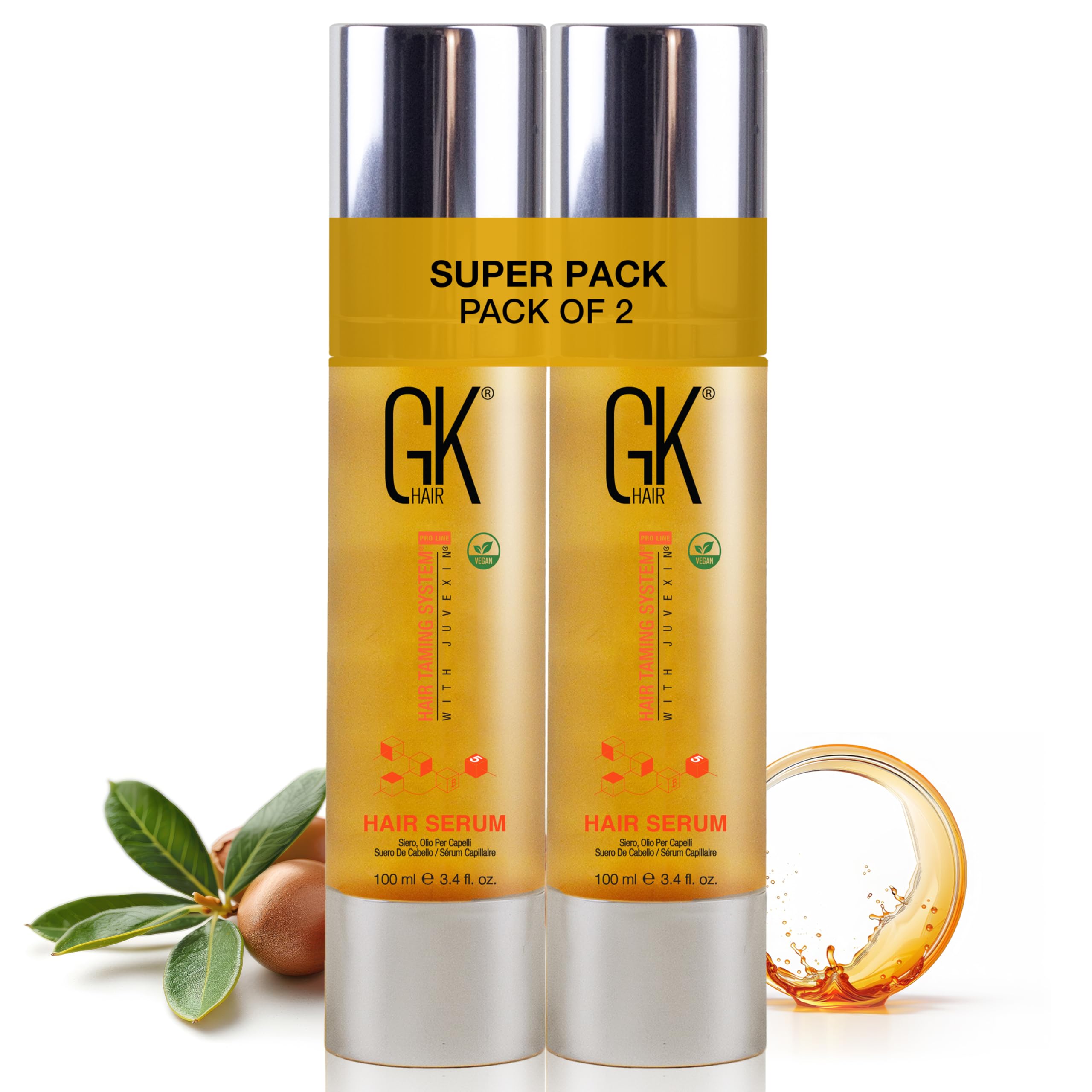 GK HAIR Pack of 2 Keratin Travel Size Anti-Frizz Serum -Vegan Organic Argan Oil Hair Smoothing Strengthening Treatment Hydrating Nourishing Heat Protection Shine Repair for Dry Damaged -200ml