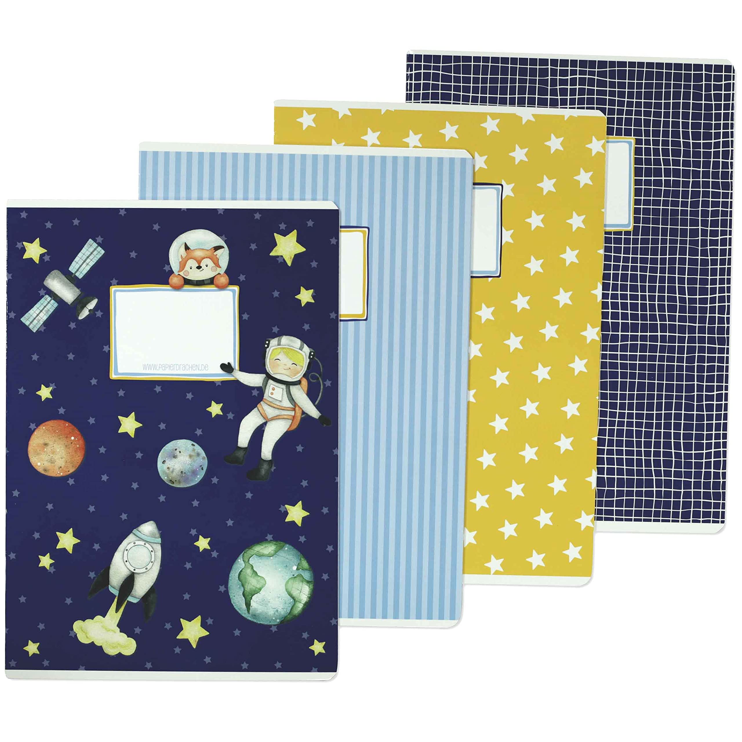 Papierdrachen 4 exercise books for children DIN A4 | lined and squared 32 pages - design astronaut - for the start of school for primary school pupils - set number 5-16 sheets