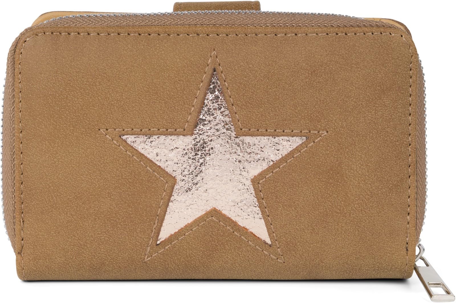 styleBREAKER Purse with Star Cutout in Metallic or Sequin Look, All-Round Zip, Purse, Ladies 02040076, Colour:Brown/Rose Gold Metallic