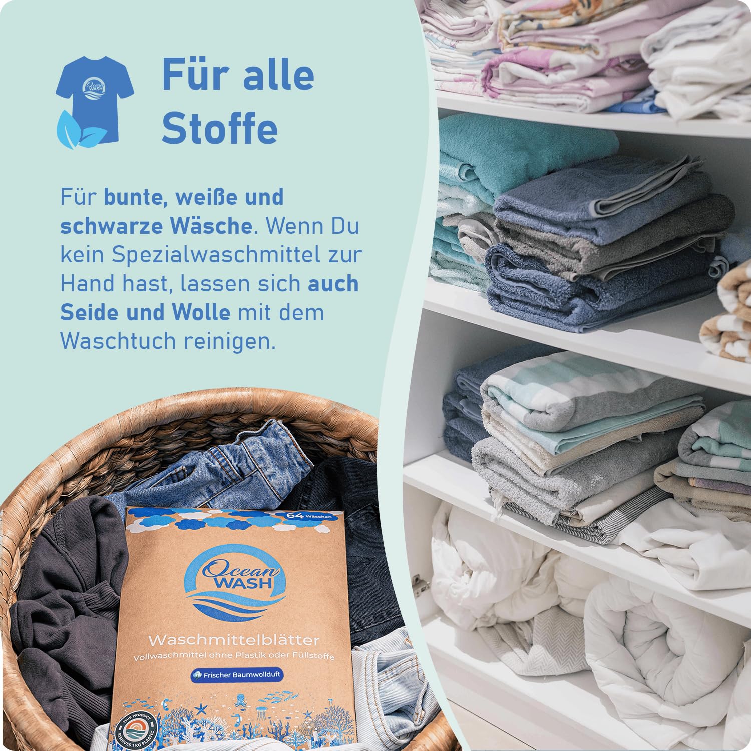 OceanWash Waschmittelblätter für 64 Wäschen biologisch abbaubar & mit Frischeduft - Waschmittel Blätter für alle Textilien und Farben - Waschblätter für die Waschmaschine mit Vollwaschmittel 4