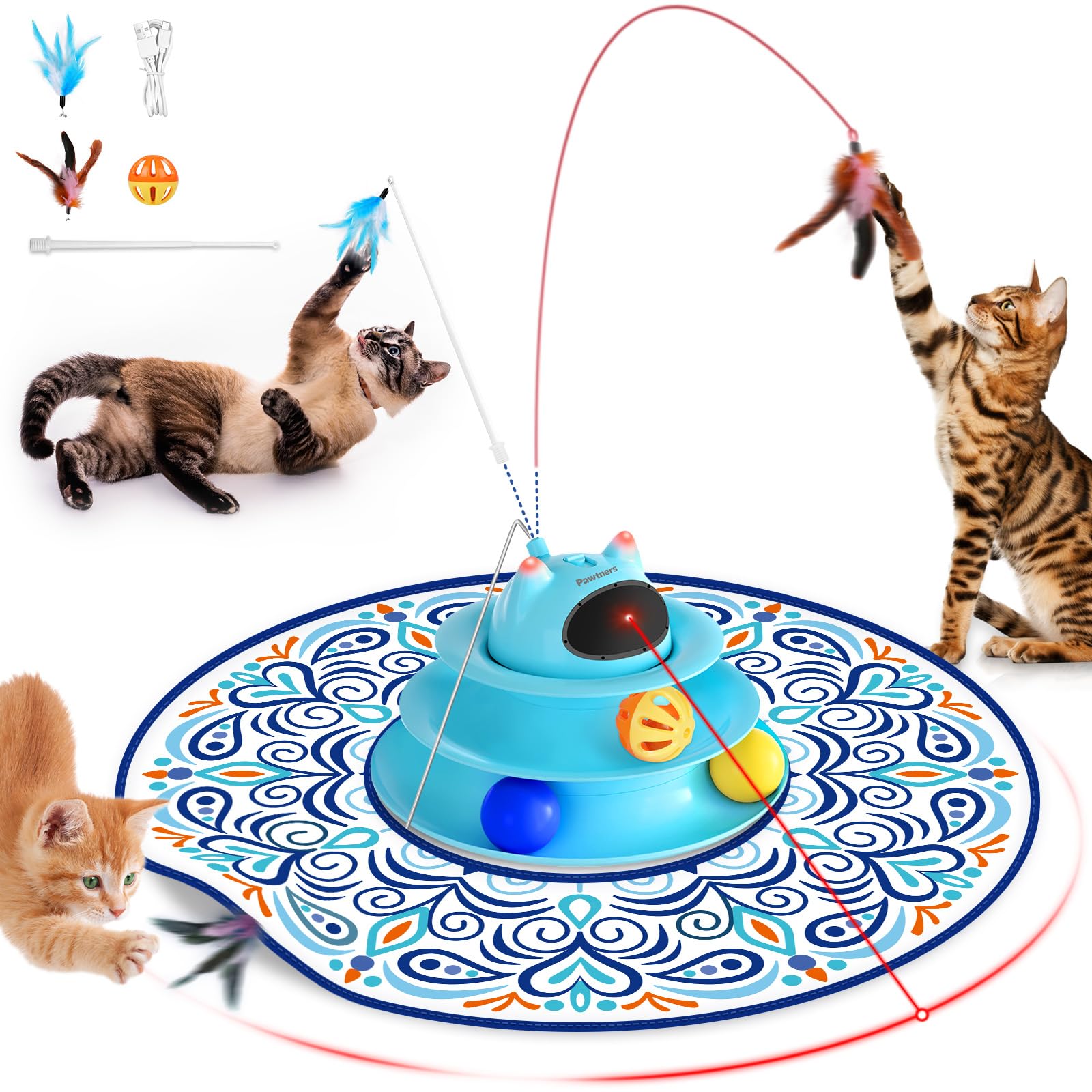 Photo 1 of Interactive Cat Toy: 5 in 1 Automatic Cat Toy for Indoor Cats, Rechargeable Hide and Seek Toy with PVC Cover, Battery Operated Kitten Laser Toy with Feather Accessories Pack, Blue
