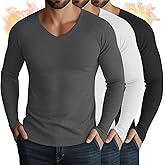 Sweetyweee 3 Pack Men's Thermal Shirts Big and Tall Fleece Lined Long Sleeve V Neck Base Layer Raglan Curved Hem Warm Tops