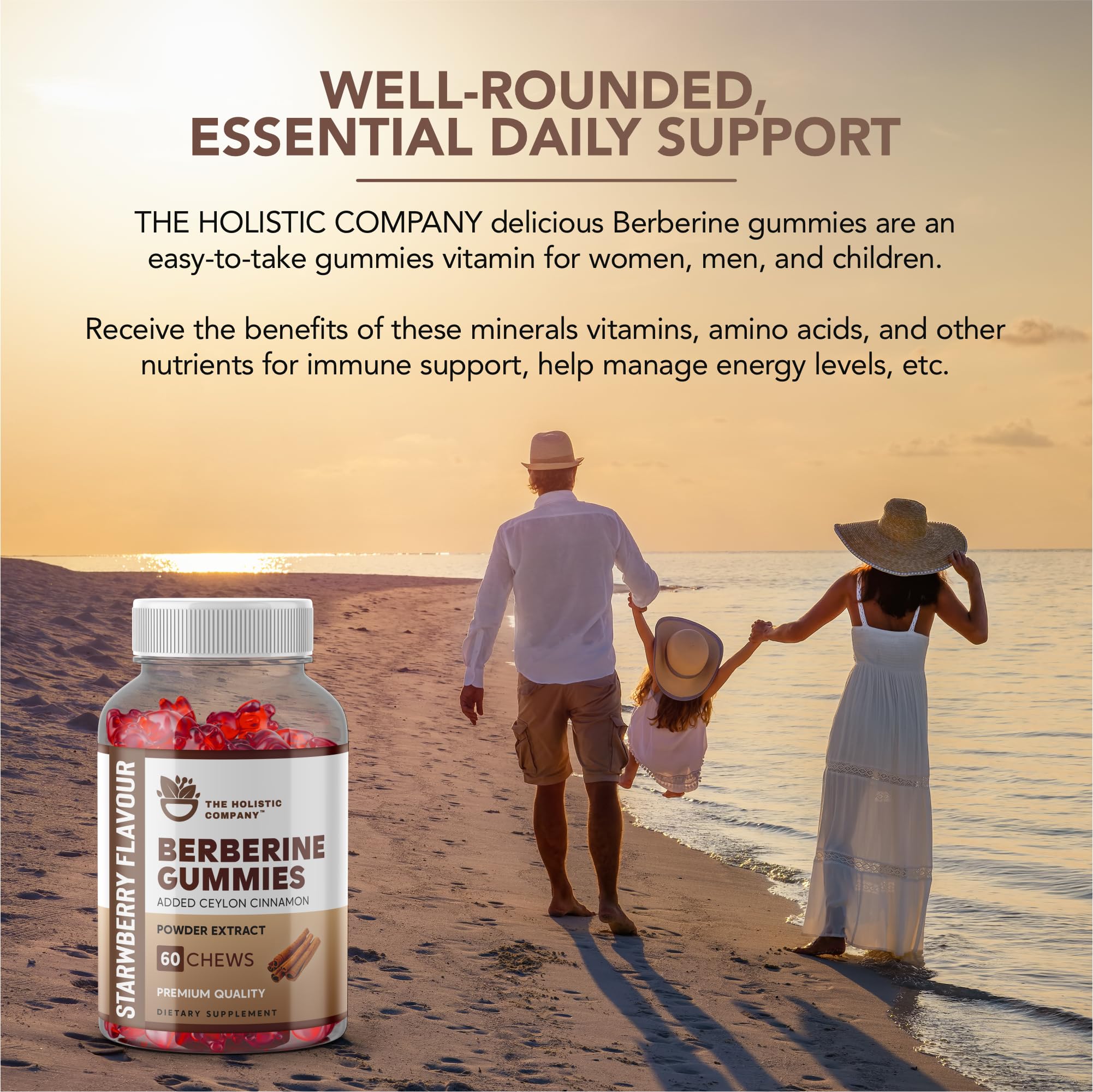 THE HOLISTIC COMPANY Berberine Gummies - Premium Quality High Strength Berberine Gummies with Ceylon Cinnamon, Berberine Supplement HCL 1200MG, 60 Gummies
