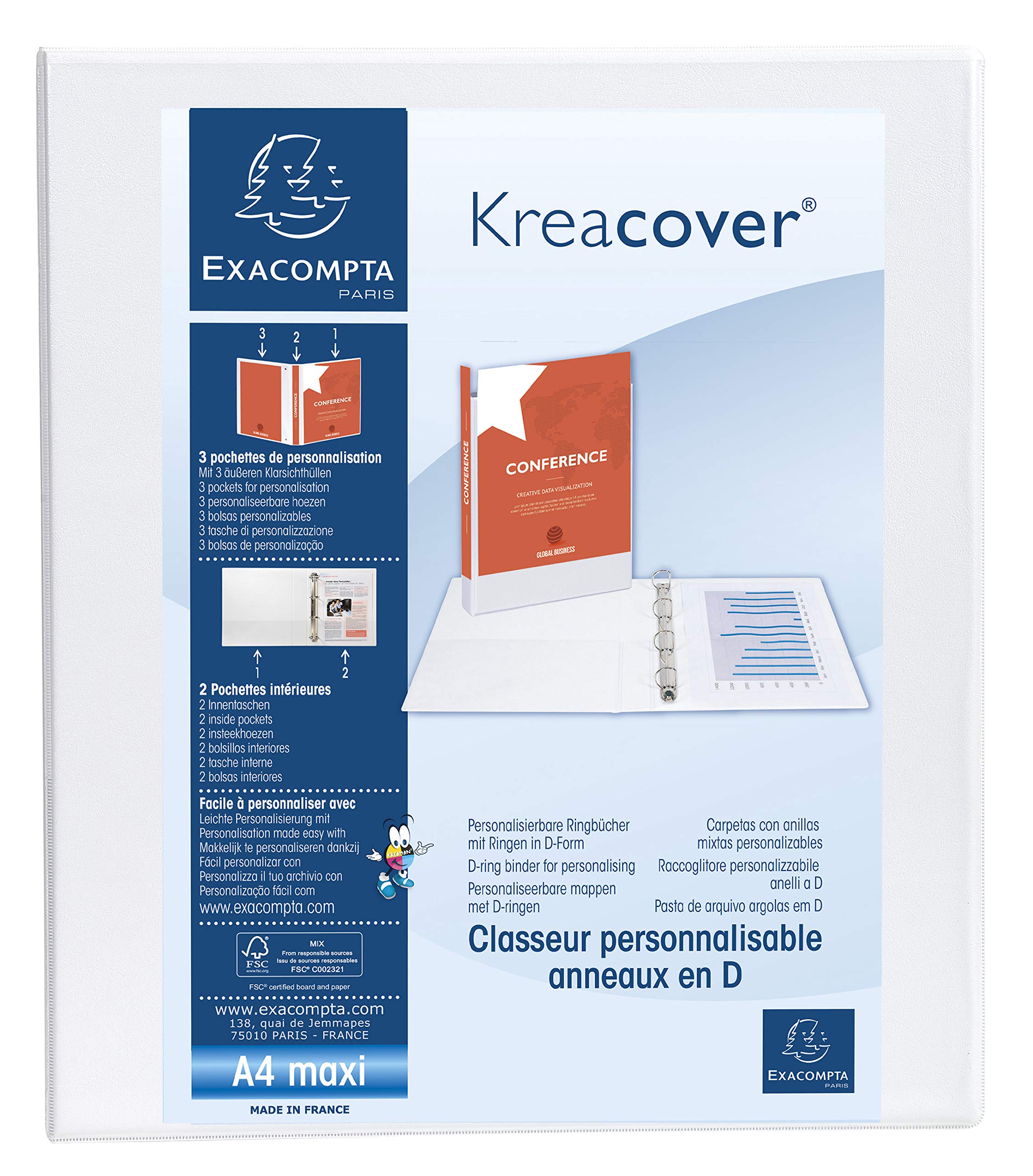 Exacompta - ref. 51841E - Box of 10 customizable rigid opaque binders with 3 pockets - 4 D-rings of 20 mm - External dimensions: 32 x 27.3 cm - Format to file A4 Maxi - Colour: white