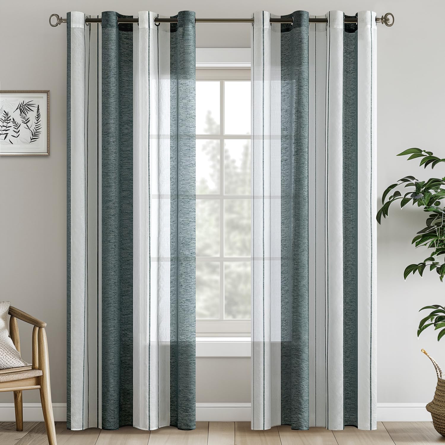 EMEMA Eyelet Sheer Striped Curtains Voile Curtains Living Room Modern Set of 2 Curtains Bedroom Transparent Pattern Striped Curtain Semi-Transparent 140 x 245 cm White and Green