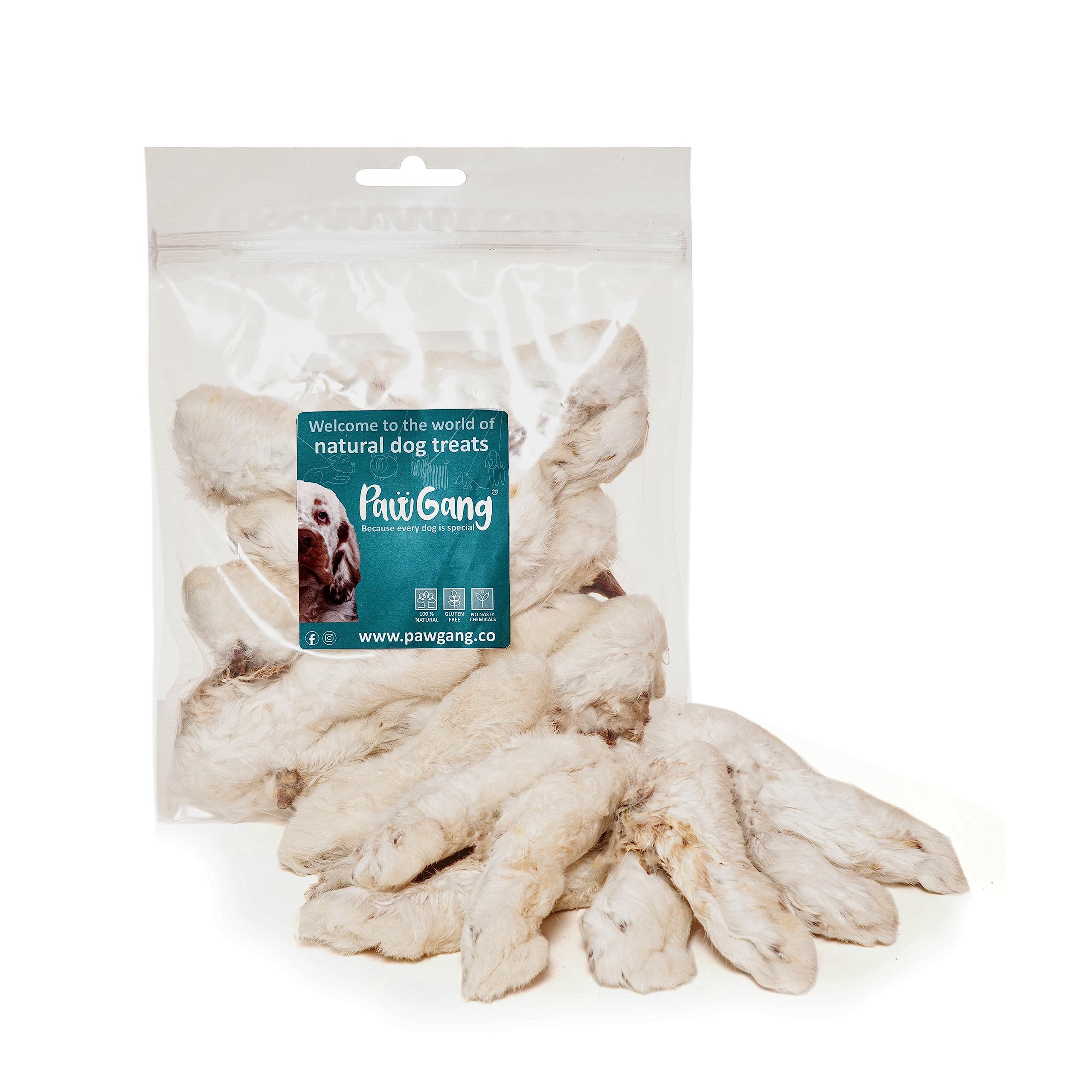 PawGang - Rabbit Feet with Fur 200g - 100% Natural Treats for Dogs Young Adult Old Small Large - Tasty Air Dried Chews Snacks - Healthy Hypoallergenic - Low Fat Grain Free - Barf Raw