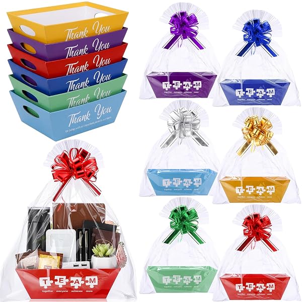 TENCEUR 24 SET EMPTY BASKETS FOR TEAM APPRECIATION GIFTS – BULK GIFT BASKET KIT WITH PULL BOWS & PLASTIC BAGS DIY CARDBOARD TRAY FOR TEAM EMPLOYEE TEACHER COWORKER NURSE PRESENT(CLASSIC,KRAFT)