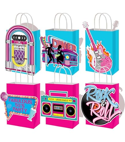 50-Pack Rock And Roll Party Bags - Music Theme Gift Bags With Handles