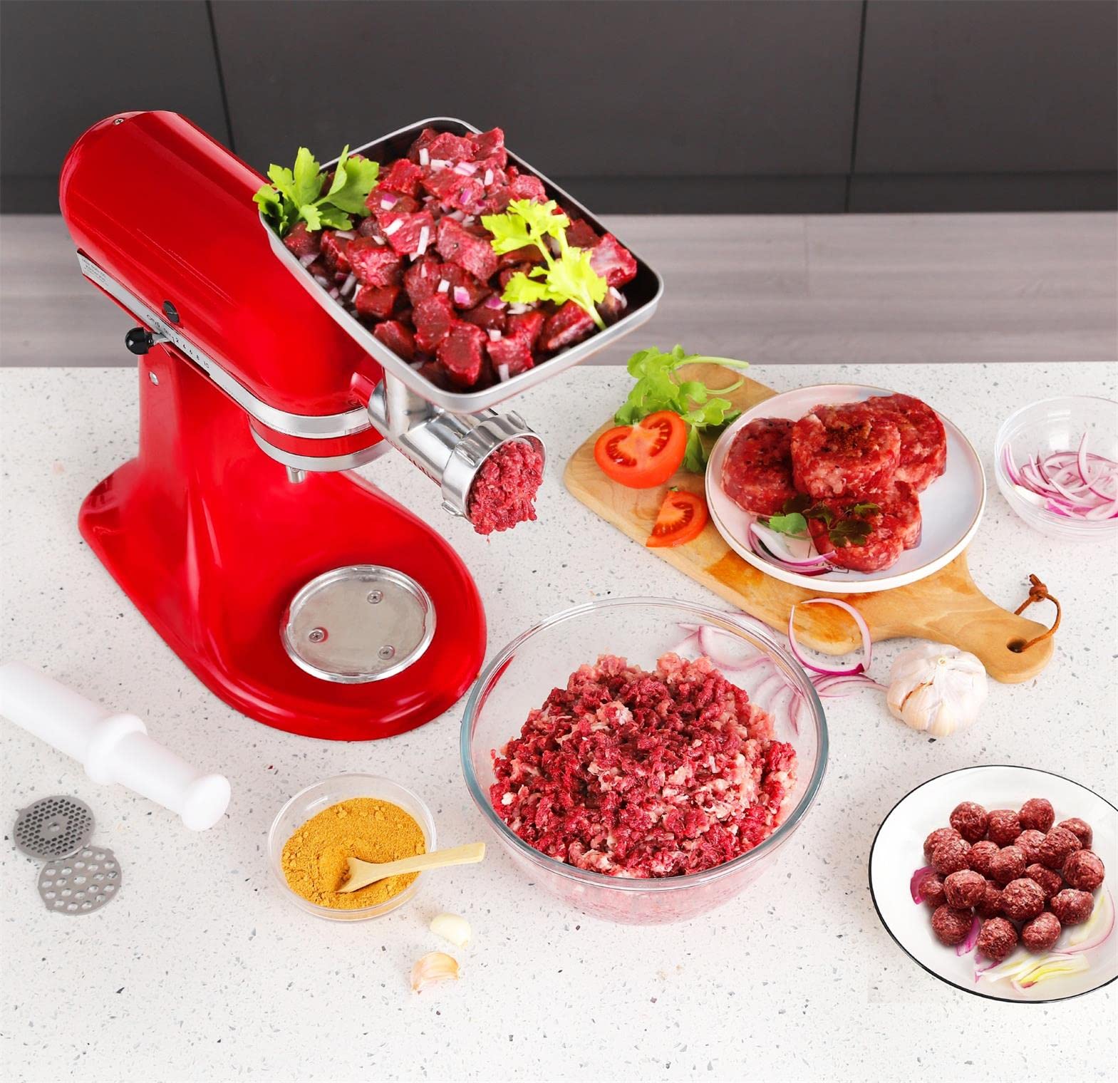 FavorKit Stainless Steel Food Grinder Attachment for KitchenAid Mixers, Dishwasher Safe Meat Processor Accessories Included 3 Sausage Stuffer Tubes