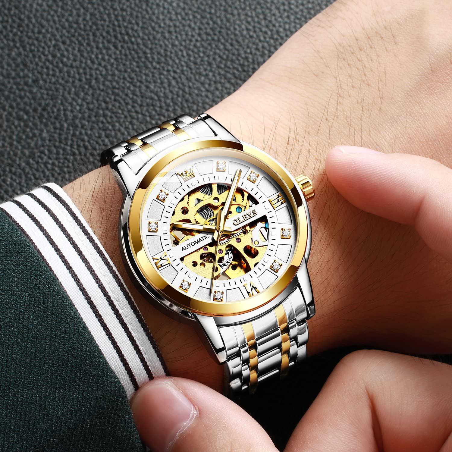 OLEVS Men’s Gold Skeleton Watch Automatic Mechanical self Winding Luxury Dress Stainless Steel Waterproof Luminous Wrist Watches
