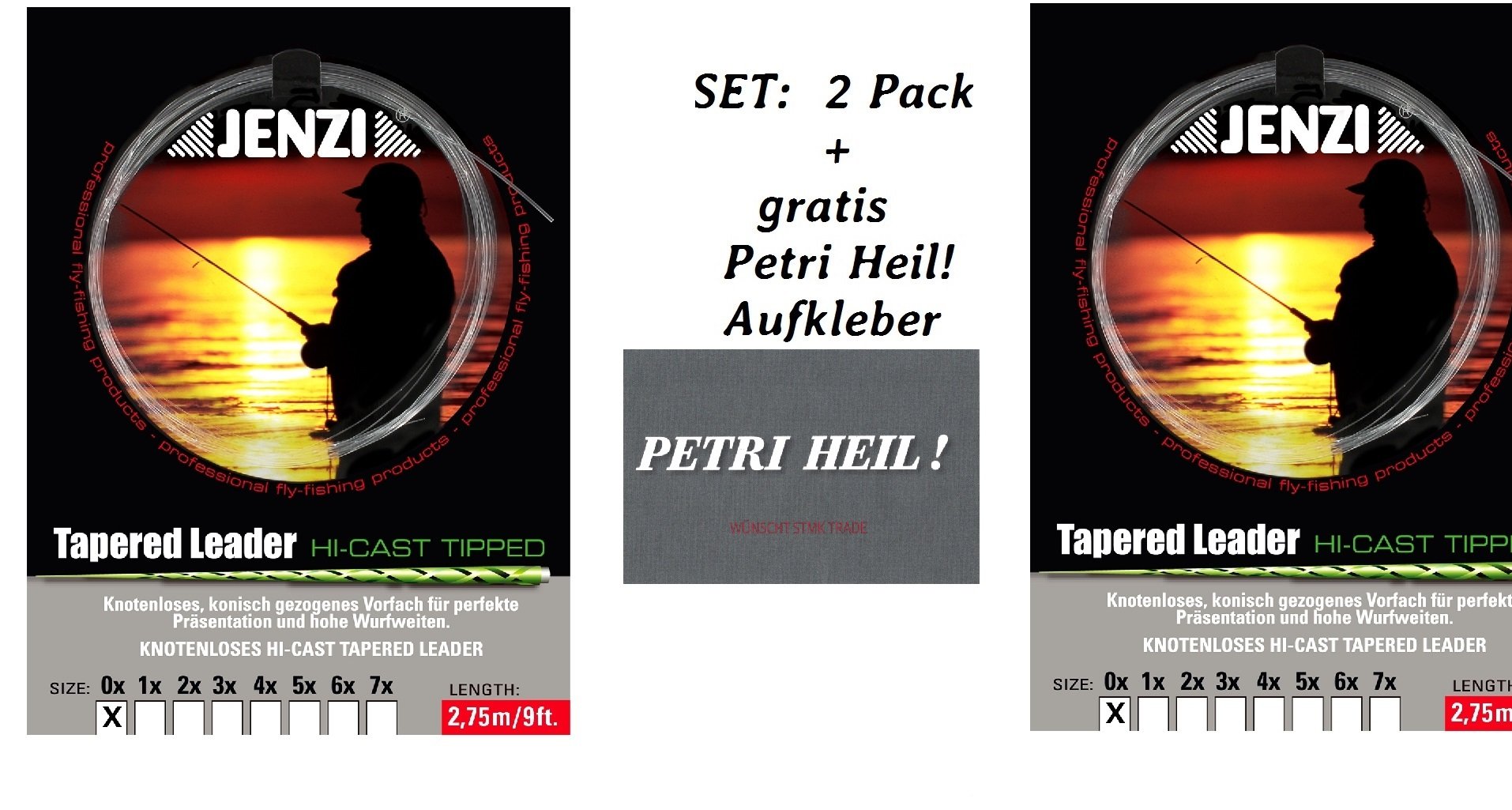 Jenzi Set: 2 Pack Knotless Tapered Leader X/0.30/0.57 + Free Petri Heil. [German Language