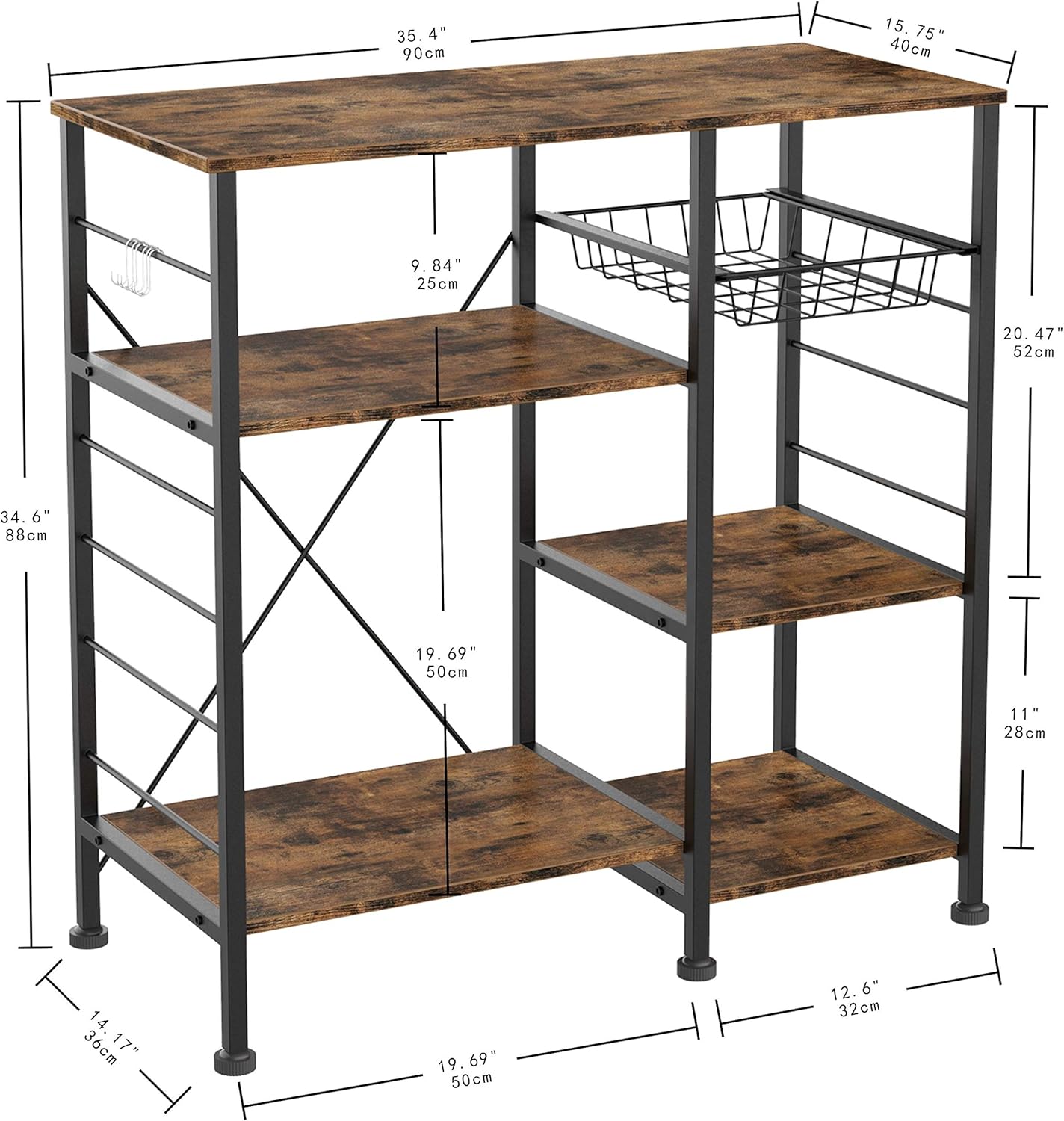 IRONCK Industrial Kitchen Baker’s Rack, Kitchen Island Utility Storage Shelf, Coffee Bar Microwave Stand with 6 Hooks, Metal Frame, Simple Assembly, Vintage Brown - Standing Baker's Racks