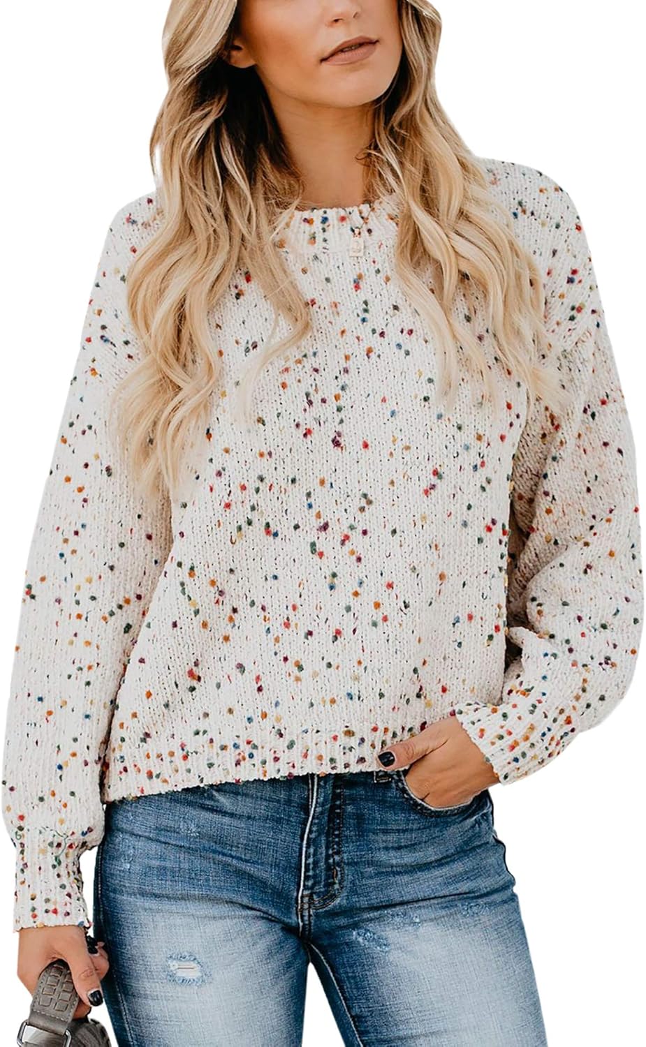 Women S Color Dot Knit Sweaters Crew Neck Long Sleeve Casual Knitted Jumper Tops At Amazon Women S Clothing Store