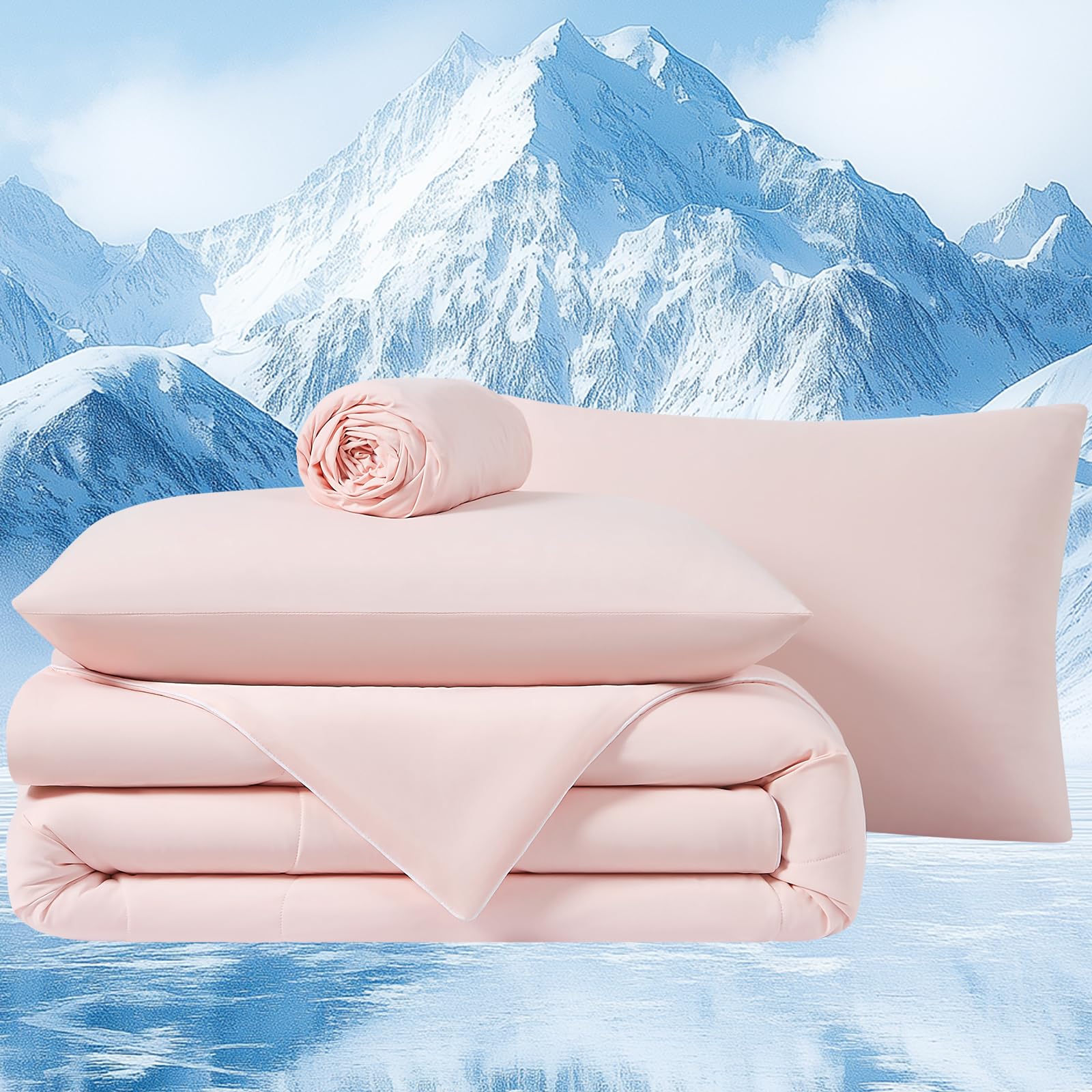 Photo 1 of Quataly Cooling Comforter Set with Sheets&Pillowcase,Cooling Blanket for Hot Sleeper Cold ice Double Side Pink Bed Set Twin Size 3pcs(Comforter+Fitted Sheets+Pillowcase)